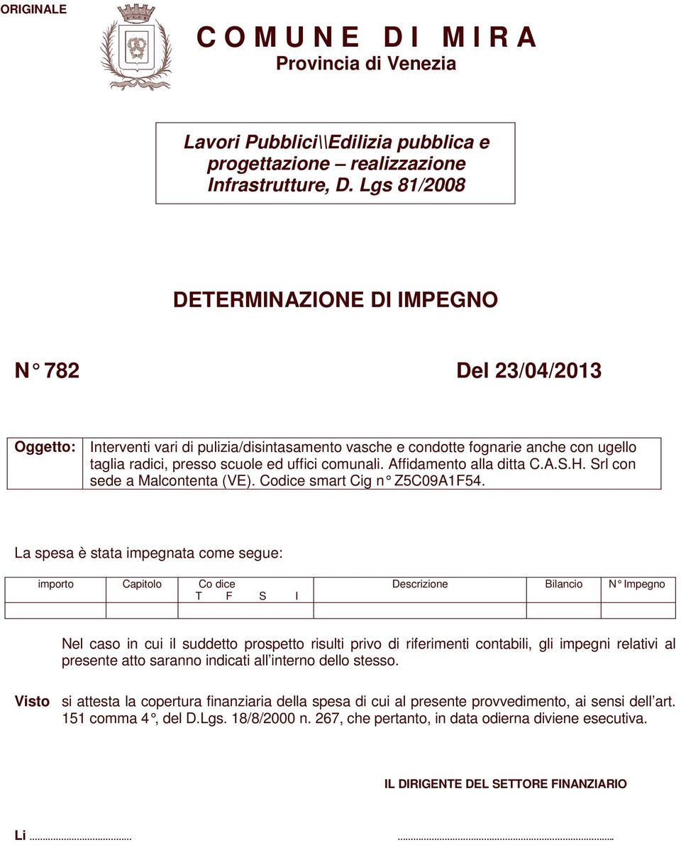 comunali. Affidamento alla ditta C.A.S.H. Srl con sede a Malcontenta (VE). Codice smart Cig n Z5C09A1F54.