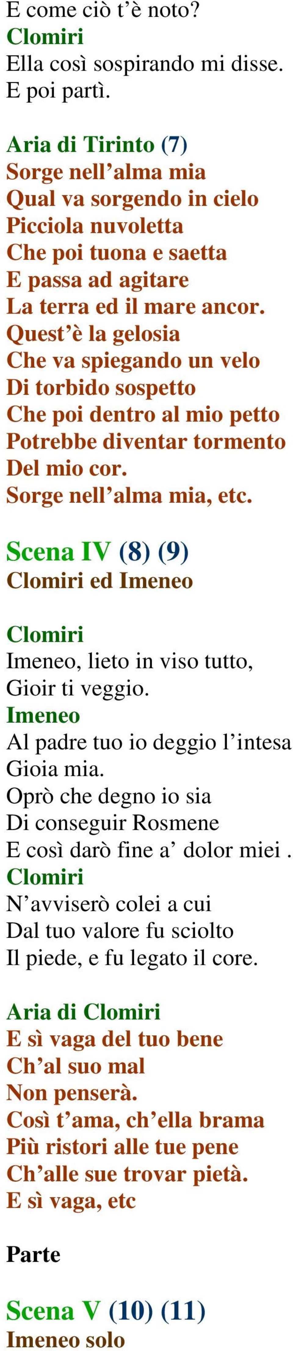 Quest è la gelosia Che va spiegando un velo Di torbido sospetto Che poi dentro al mio petto Potrebbe diventar tormento Del mio cor. Sorge nell alma mia, etc.