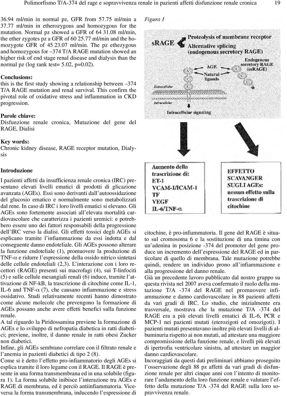 The pz ethezygous and homozygous for 374 T/A RAGE mutation showed an higher risk of end stage renal disease and dialysis than the normal pz (log rank test= 5.02, p=0.02).