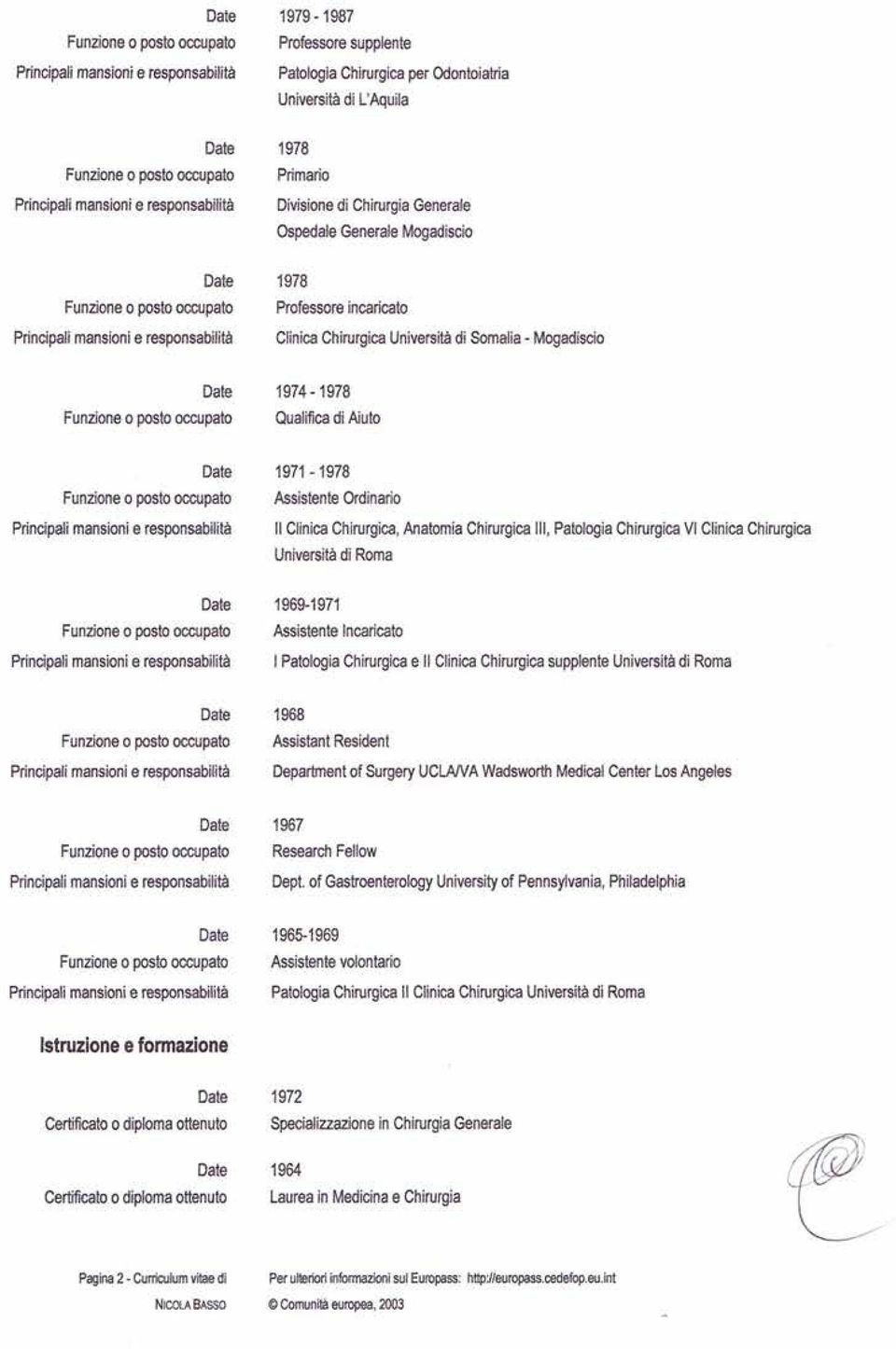 ocorpato 1971-1978 Assistente Ordinario ll Clinica Chirurgica, Anatomia Chirurgica lll, Patologia Chirurgica Vl Clinica Chirurgica Università diroma Funlone o posto occupato Principali mansioni e