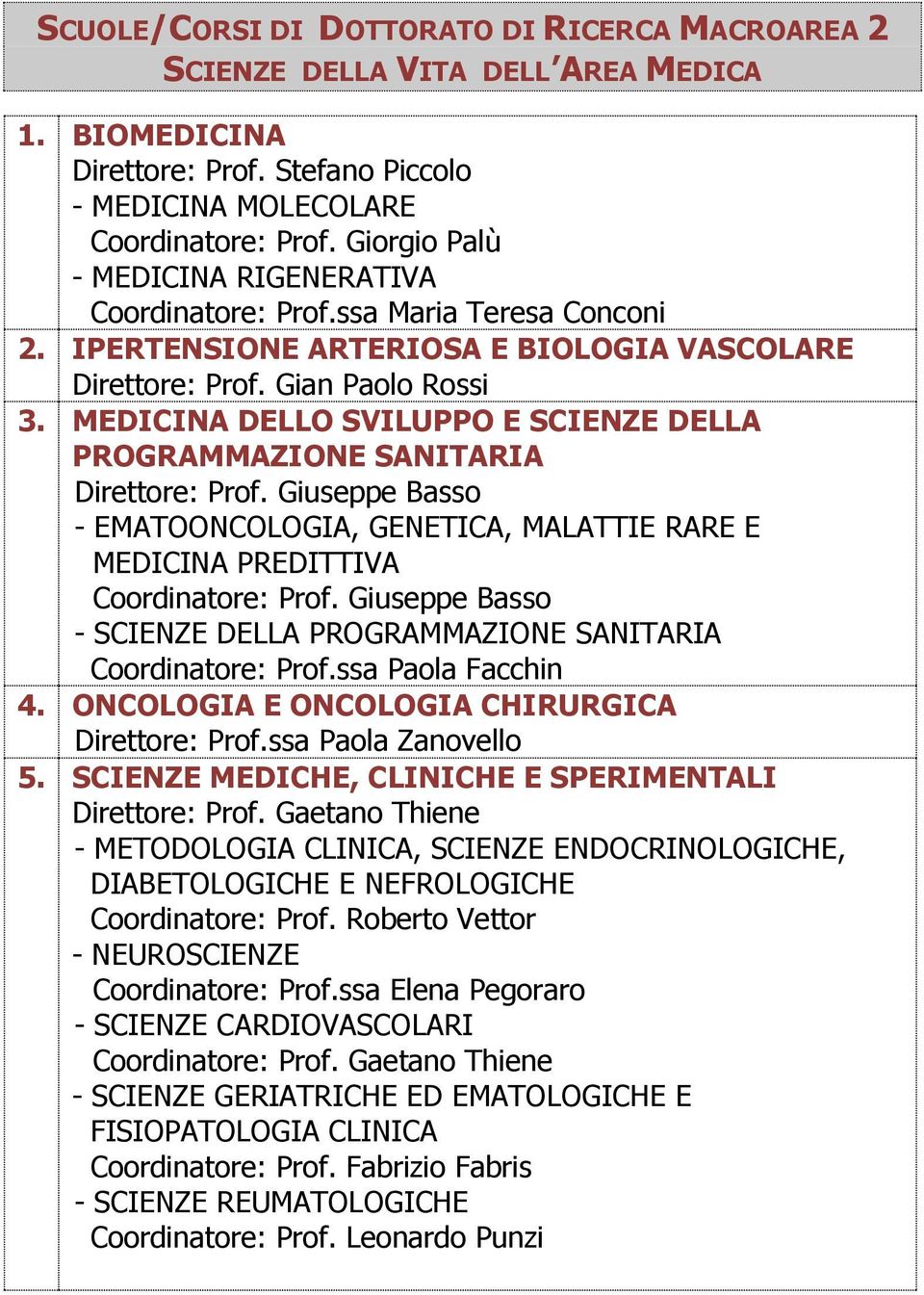 iuseppe Basso - SEZE DE PMMZE ST oordinatore: Prof.ssa Paola Facchin 4. E Direttore: Prof.ssa Paola Zanovello 5. SEZE MEDE, E E SPEMET Direttore: Prof.