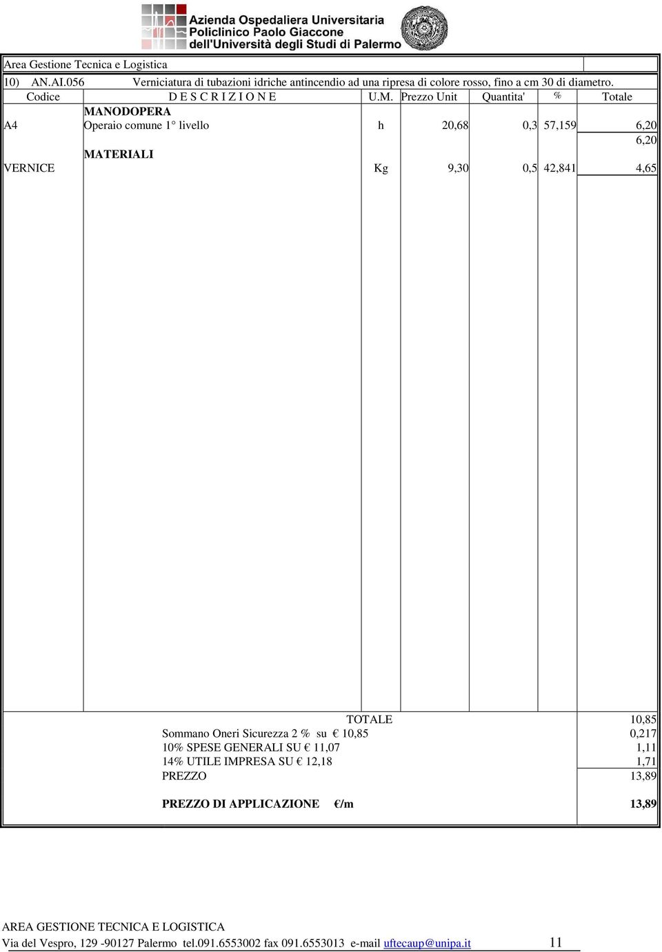 Sicurezza 2 % su 10,85 0,217 10% SPESE GENERALI SU 11,07 1,11 14% UTILE IMPRESA SU 12,18 1,71 PREZZO 13,89 PREZZO DI