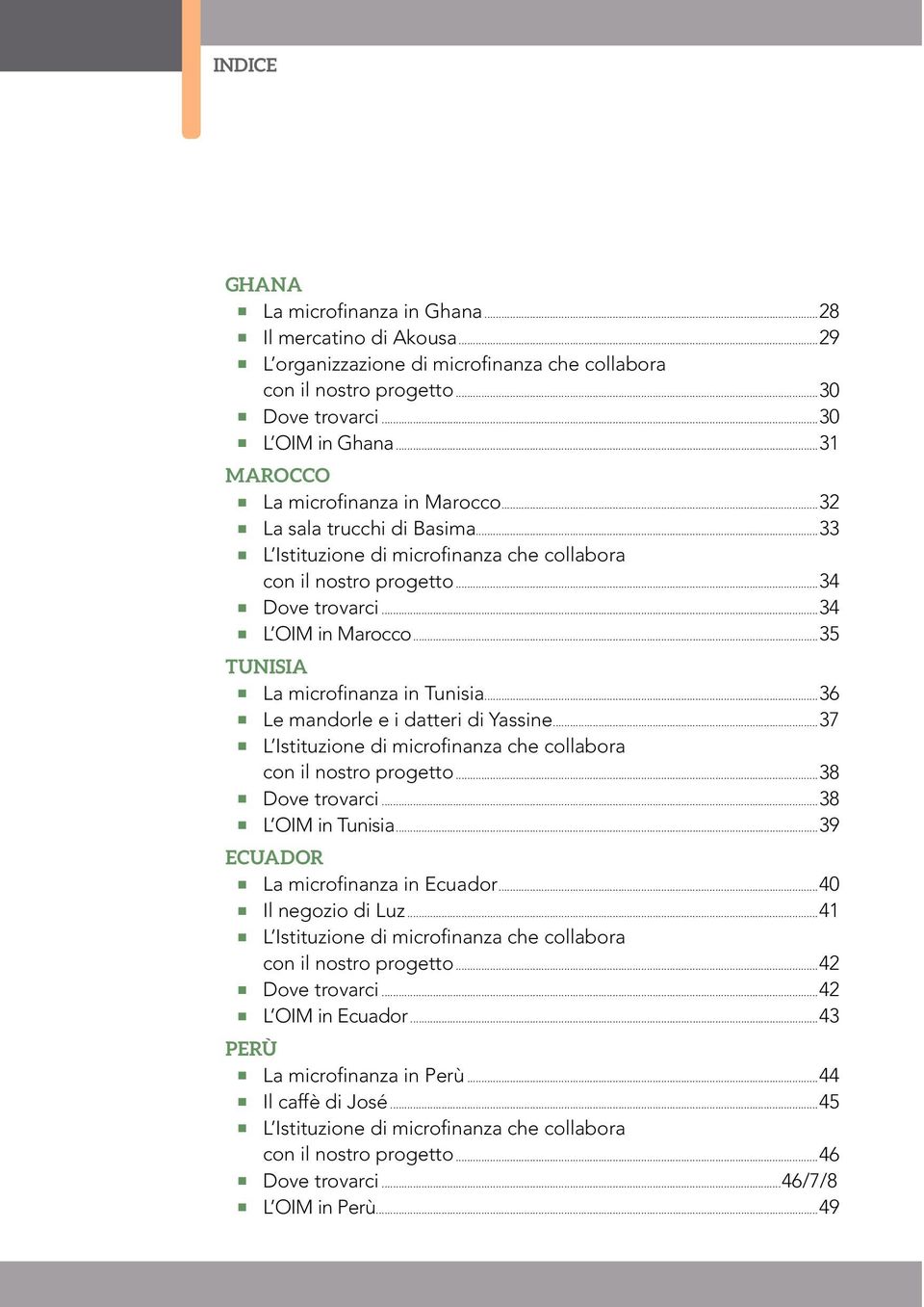 ..35 TUNISIA La microfinanza in Tunisia...36 Le mandorle e i datteri di Yassine...37 L Istituzione di microfinanza che collabora con il nostro progetto...38 Dove trovarci...38 L OIM in Tunisia.