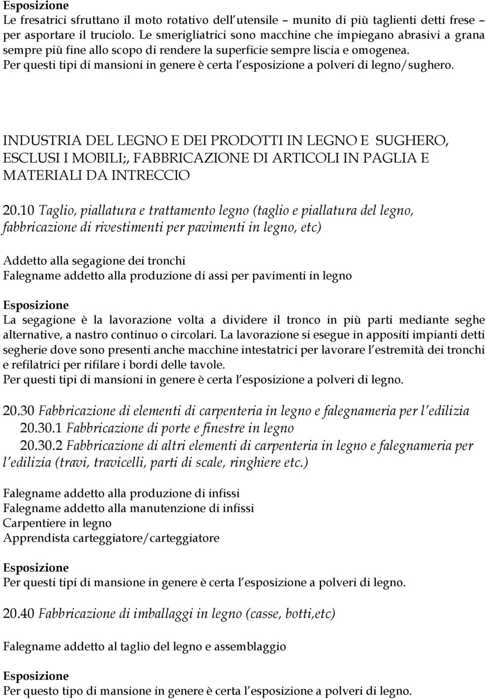 Per questi tipi di mansioni in genere è certa l esposizione a polveri di legno/sughero.