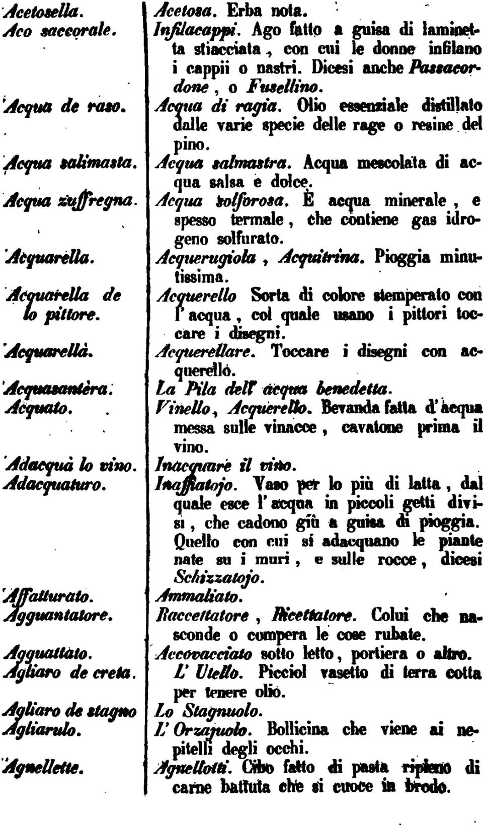 Olio esseimale distillato dalle Tane speciedelle rage o resine del pino Ae^ua talmattra. Acqua memx^ta di acqua salsa e dolce. Acqua iolforo"a aequa minerale e spesso termale solfurato.