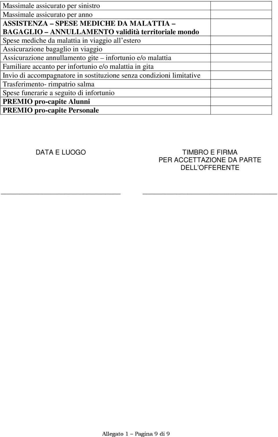 infortunio e/o malattia in gita Invio di accompagnatore in sostituzione senza condizioni limitative Trasferimento- rimpatrio salma Spese funerarie a seguito