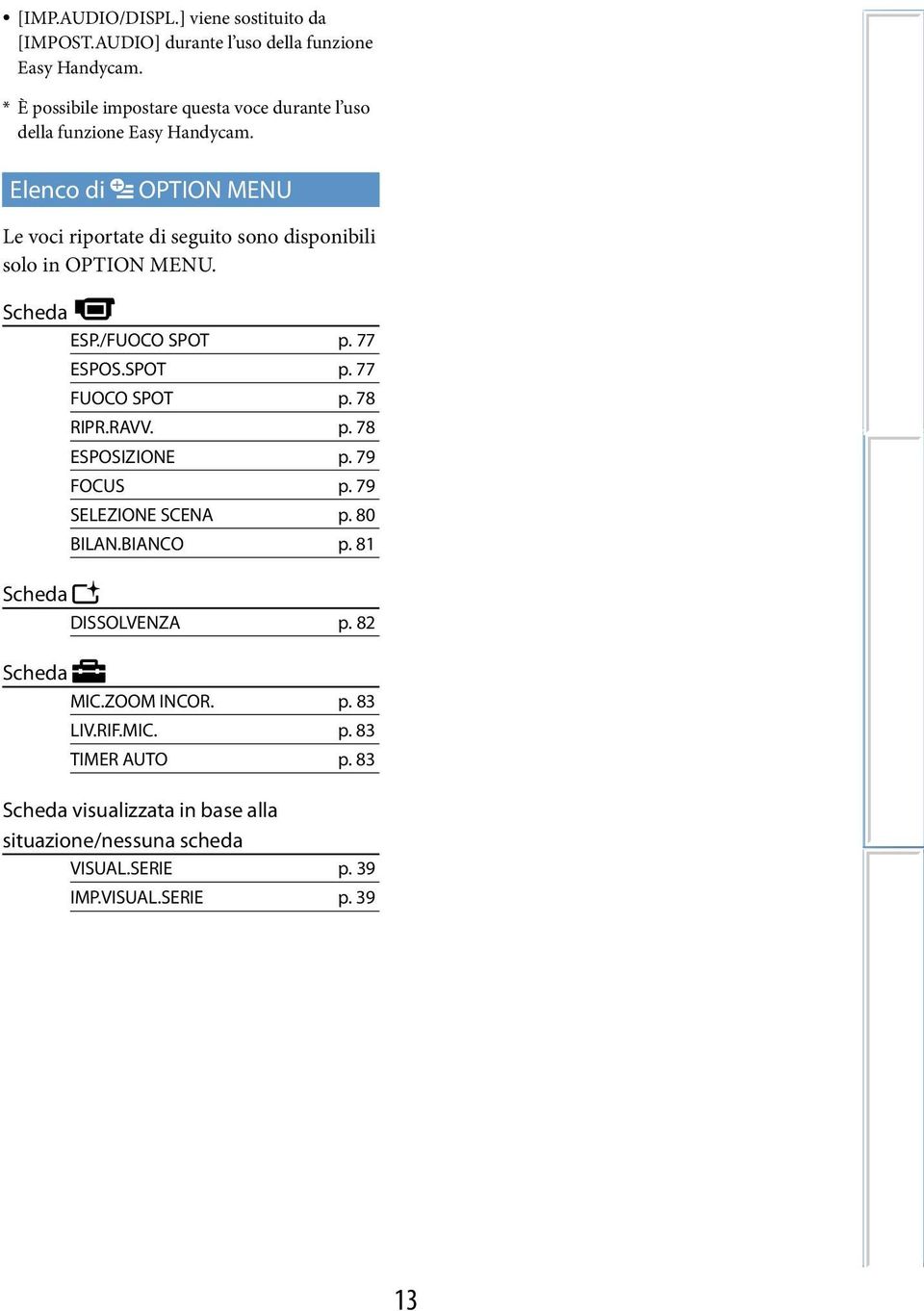 Elenco di OPTION MENU Le voci riportate di seguito sono disponibili solo in OPTION MENU. Scheda ESP./FUOCO SPOT p. 77 ESPOS.SPOT p. 77 FUOCO SPOT p.