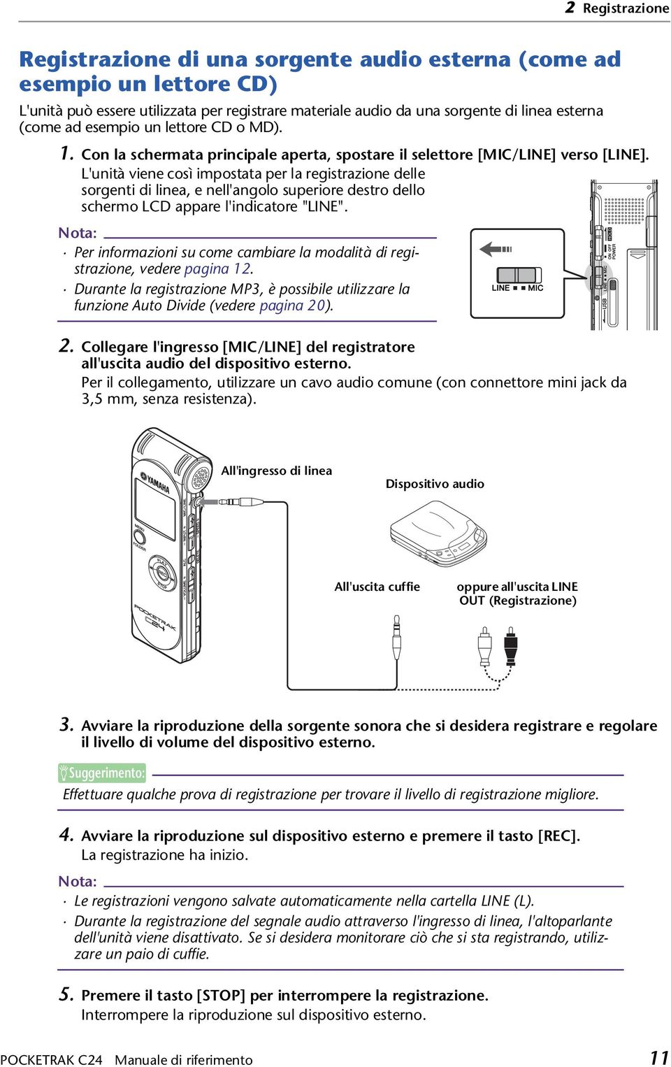 L'unità viene così impostata per la registrazione delle sorgenti di linea, e nell'angolo superiore destro dello schermo LCD appare l'indicatore "LINE".