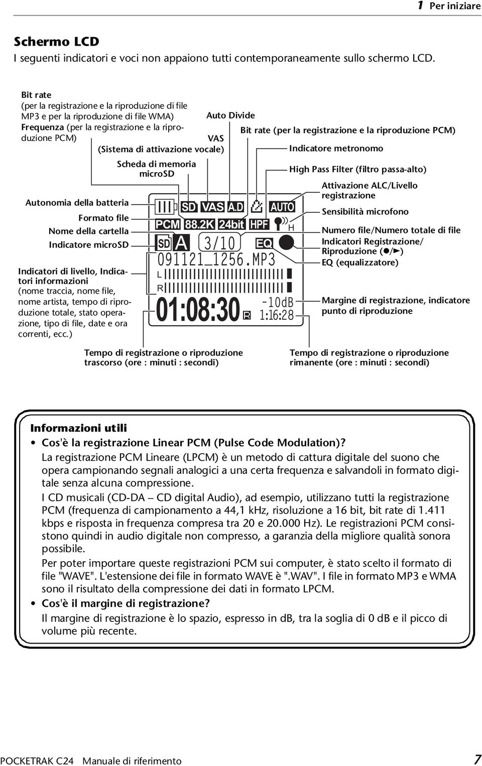 la riproduzione PCM) (Sistema di attivazione vocale) Indicatore metronomo Autonomia della batteria Formato file Nome della cartella Indicatore microsd Indicatori di livello, Indicatori informazioni