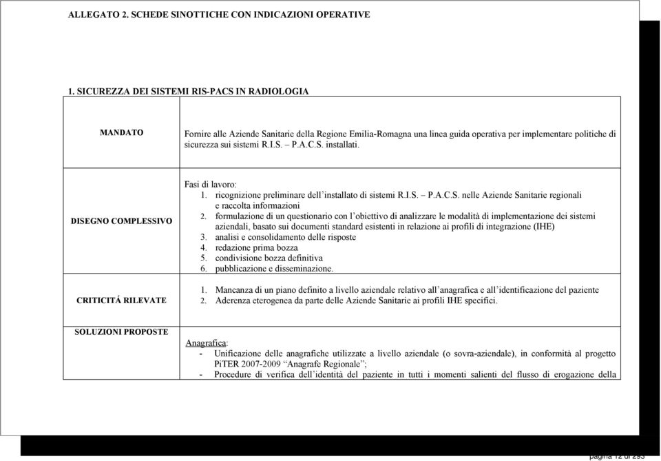 A.C.S. installati. DISEGNO COMPLESSIVO CRITICITÁ RILEVATE Fasi di lavoro: 1. ricognizione preliminare dell installato di sistemi R.I.S. P.A.C.S. nelle Aziende Sanitarie regionali e raccolta informazioni 2.