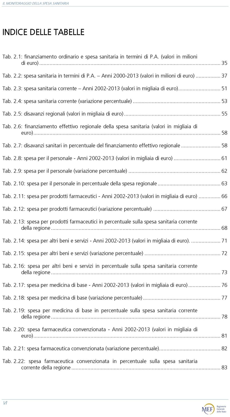 .. 55 Tab. 2.6: finanziamento effettivo regionale della spesa sanitaria (valori in migliaia di euro)... 58 Tab. 2.7: disavanzi sanitari in percentuale del finanziamento effettivo regionale... 58 Tab. 2.8: spesa per il personale - Anni 2002-2013 (valori in migliaia di euro).