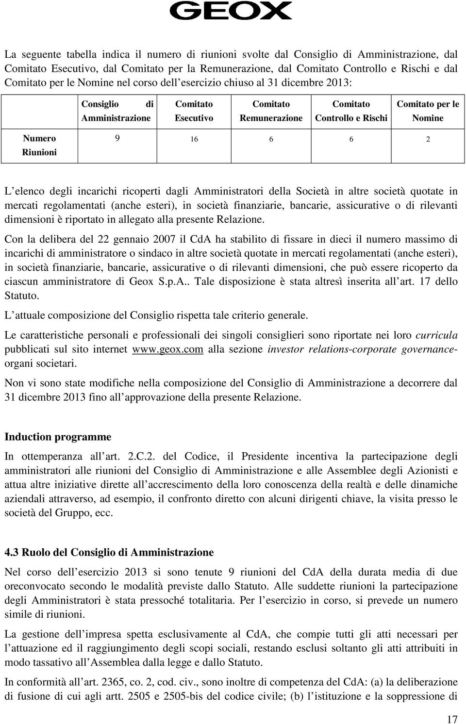 Riunioni 9 16 6 6 2 L elenco degli incarichi ricoperti dagli Amministratori della Società in altre società quotate in mercati regolamentati (anche esteri), in società finanziarie, bancarie,