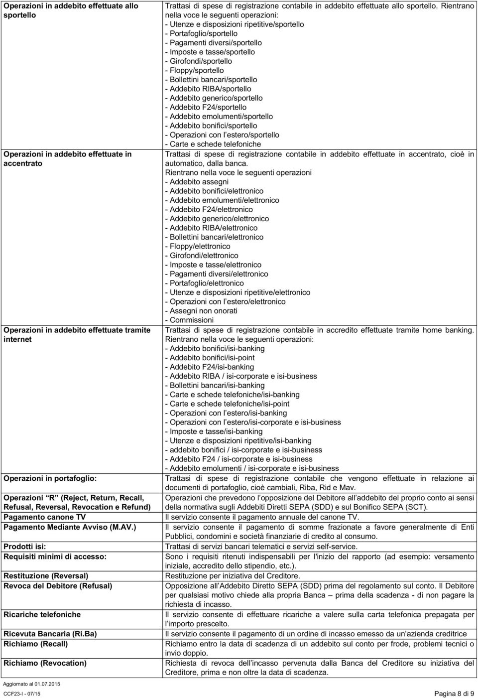 ) Prodotti isi: Requisiti minimi di accesso: Restituzione (Reversal) Revoca del Debitore (Refusal) Ricariche telefoniche Ricevuta Bancaria (Ri.