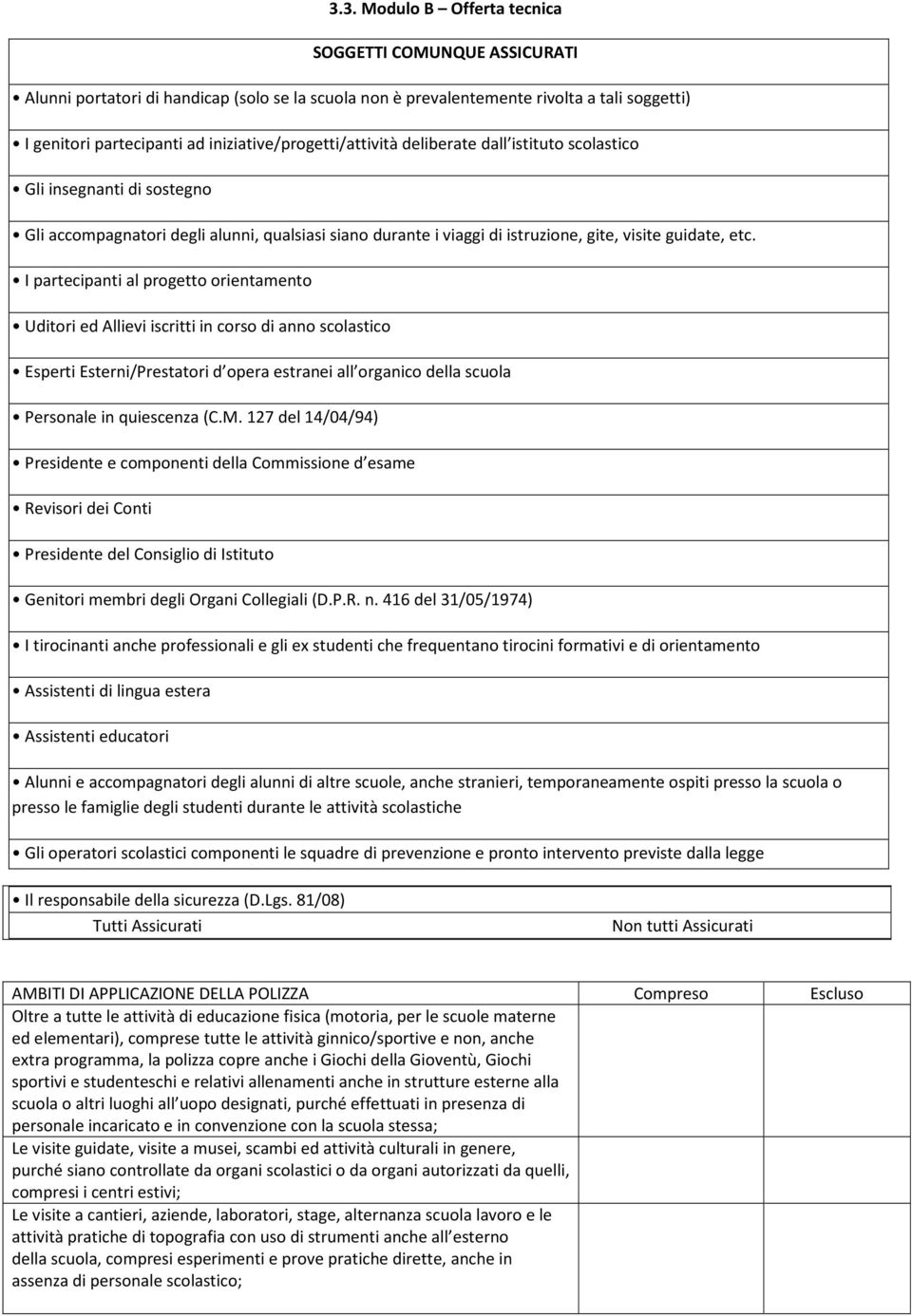 I partecipanti al progetto orientamento Uditori ed Allievi iscritti in corso di anno scolastico Esperti Esterni/Prestatori d opera estranei all organico della scuola Personale in quiescenza (C.M.