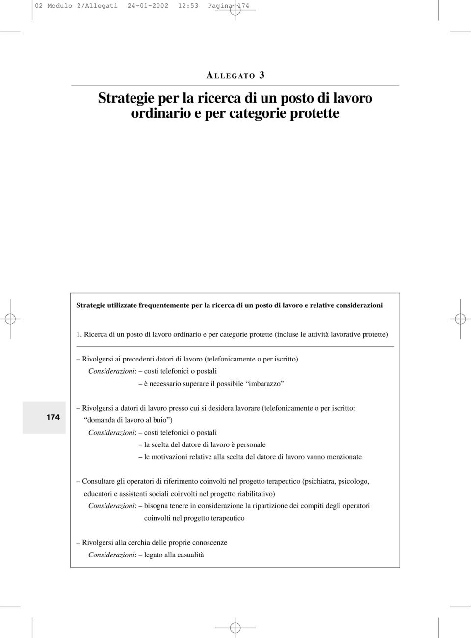 Ricerca di un posto di lavoro ordinario e per categorie protette (incluse le attività lavorative protette) Rivolgersi ai precedenti datori di lavoro (telefonicamente o per iscritto) Considerazioni: