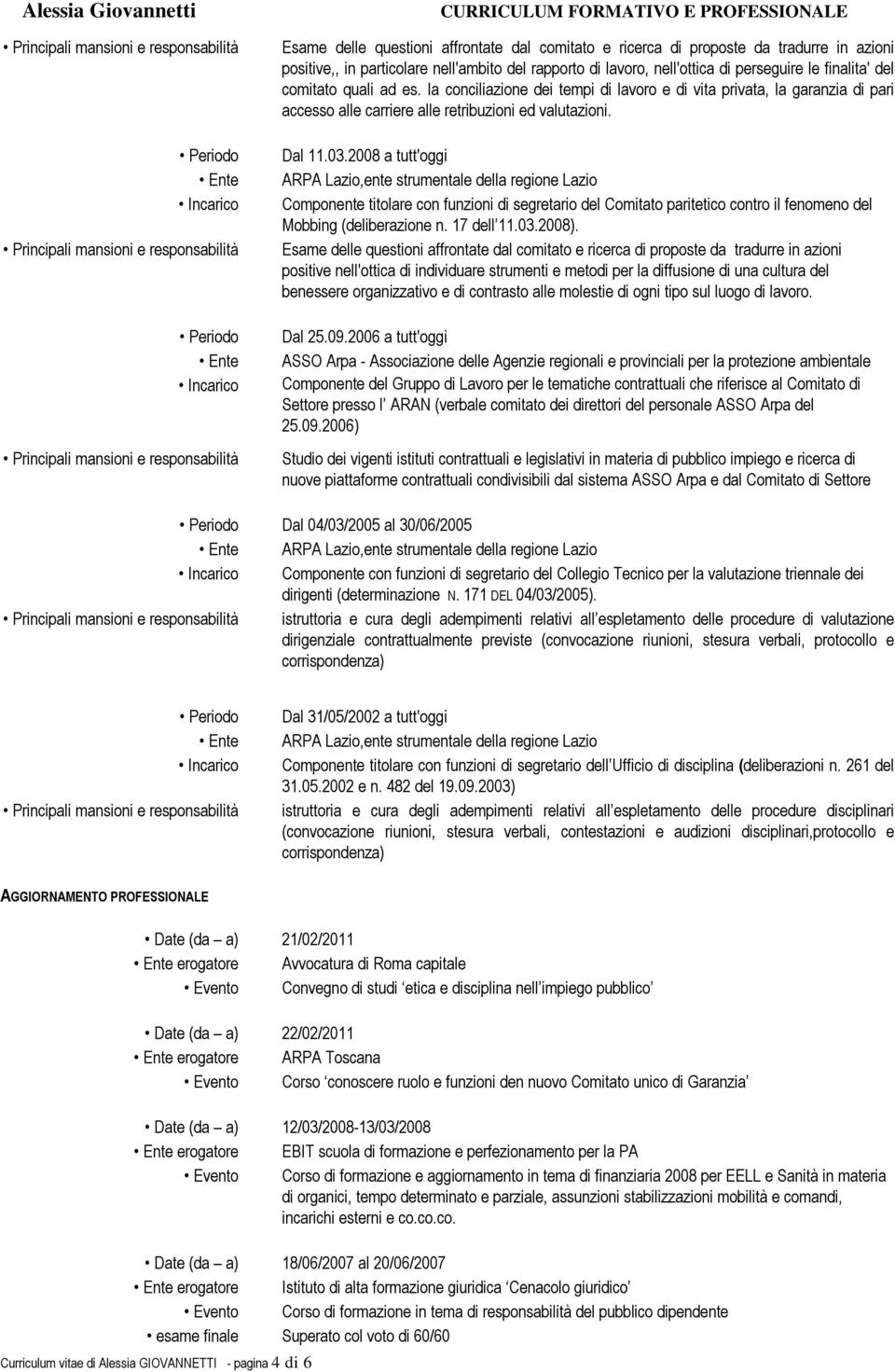 2008 a tutt'oggi ARPA Lazio,ente strumentale della regione Lazio Componente titolare con funzioni di segretario del Comitato paritetico contro il fenomeno del Mobbing (deliberazione n. 17 dell 11.03.