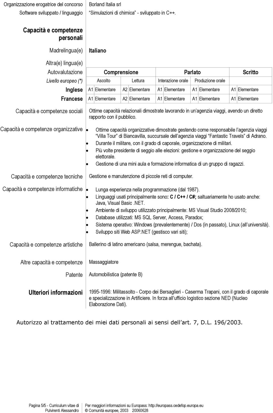 A1 Elementare A2 Elementare A1 Elementare A1 Elementare A1 Elementare Francese A1 Elementare A2 Elementare A1 Elementare A1 Elementare A1 Elementare Capacità e competenze sociali Ottime capacità