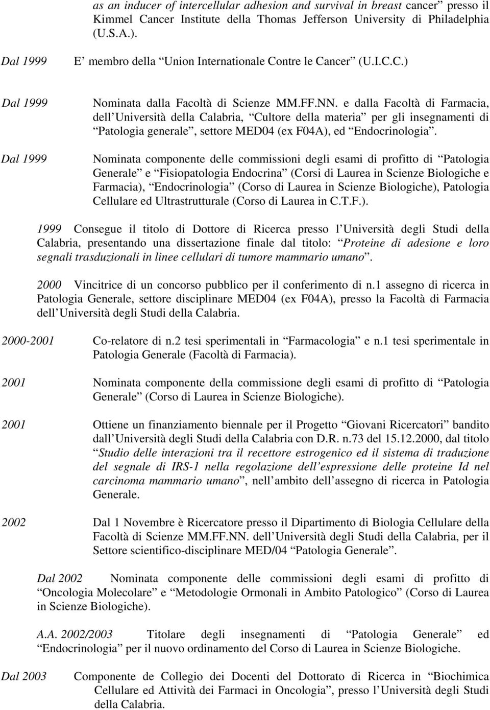 e dalla Facoltà di Farmacia, dell Università della Calabria, Cultore della materia per gli insegnamenti di Patologia generale, settore MED04 (ex F04A), ed Endocrinologia.