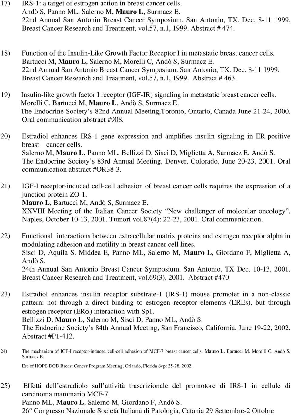 Bartucci M, Mauro L, Salerno M, Morelli C, Andò S, Surmacz E. 22nd Annual San Antonio Breast Cancer Symposium. San Antonio, TX. Dec. 8-11 1999. Breast Cancer Research and Treatment, vol.57, n.1, 1999.