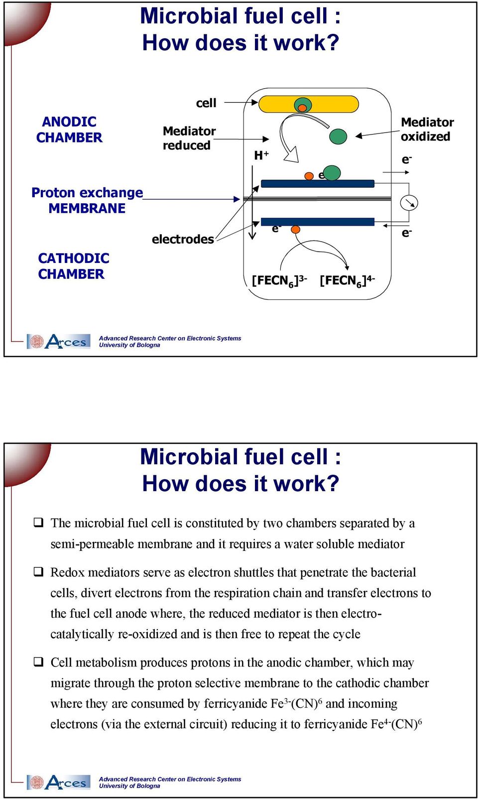 two chambers separated by a semi-permeable membrane and it requires a water soluble mediator Redox mediators serve as electron shuttles that penetrate the bacterial cells, divert electrons from the