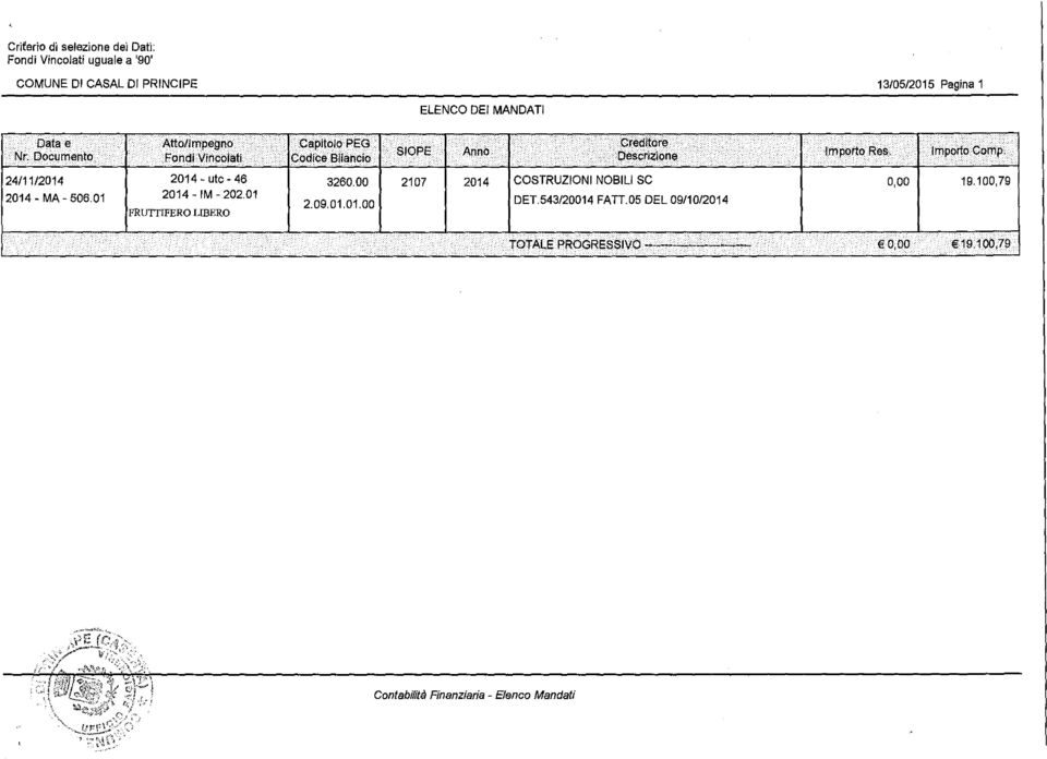 00 2107 2014 COSTRUZIONI NOBILl SC 2014- MA- 506.01 2014- IM- 202.01 2.09.01.01.00 DET.543/20014 FATT.05 DEL 09/10/2014 FRUTTIFERO L!BERO lrnp 0 rto.corhp. 0,00 19.