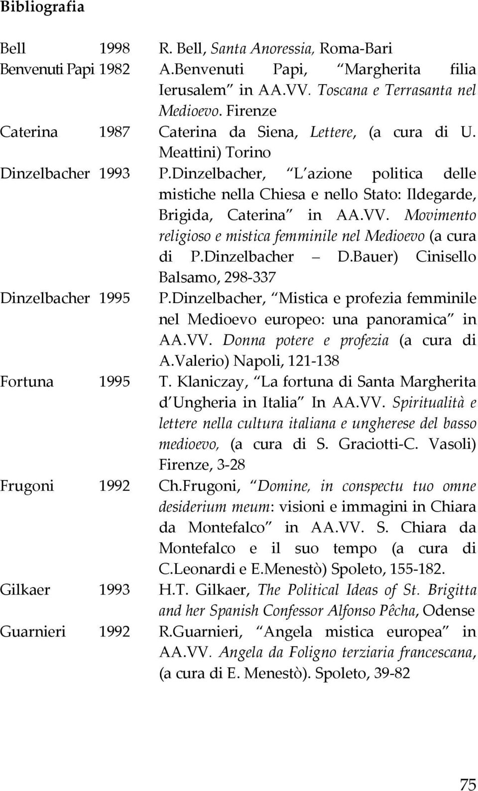 Dinzelbacher, L azione politica delle mistiche nella Chiesa e nello Stato: Ildegarde, Brigida, Caterina in AA.VV. Movimento religioso e mistica femminile nel Medioevo (a cura di P.Dinzelbacher D.