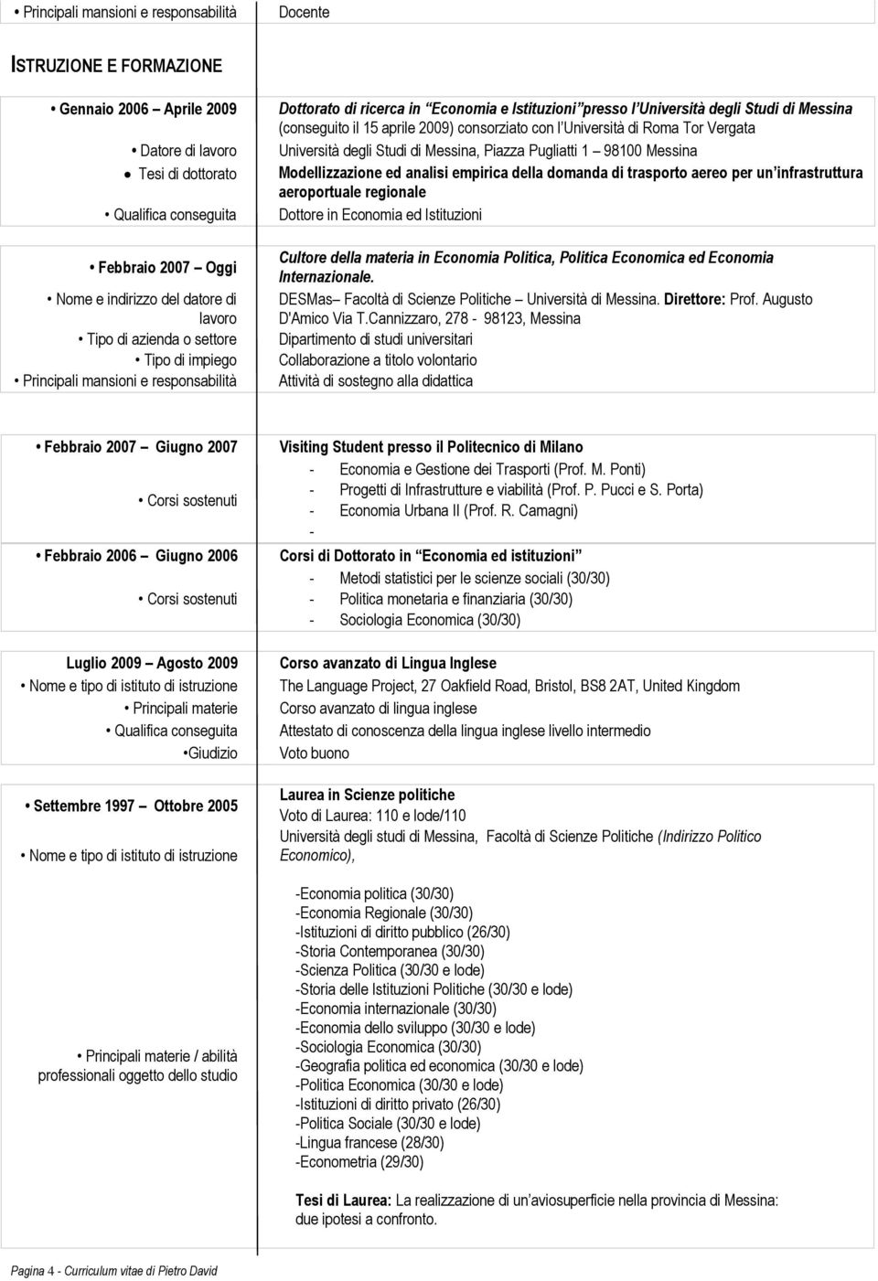 domanda di trasporto aereo per un infrastruttura aeroportuale regionale Dottore in Economia ed Istituzioni Cultore della materia in Economia Politica, Politica Economica ed Economia Internazionale.