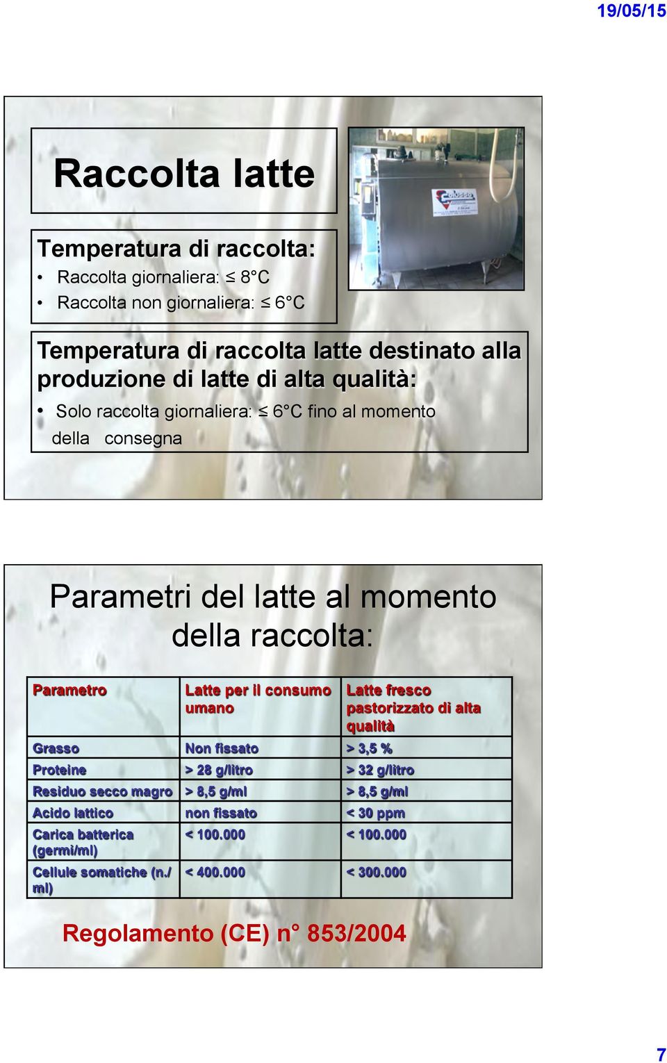 consumo umano Latte fresco pastorizzato di alta qualità Grasso Non fissato > 3,5 % Proteine > 28 g/litro > 32 g/litro Residuo secco magro > 8,5 g/ml > 8,5