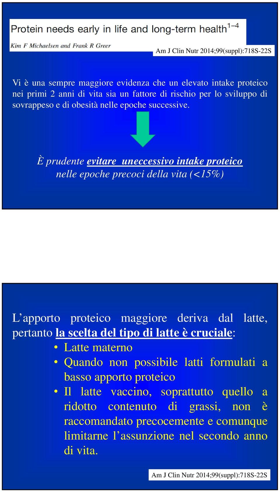 È prudente evitare uneccessivo intake proteico nelle epoche precoci della vita (<15%) L apporto proteico maggiore deriva dal latte, pertanto la scelta del tipo di latte