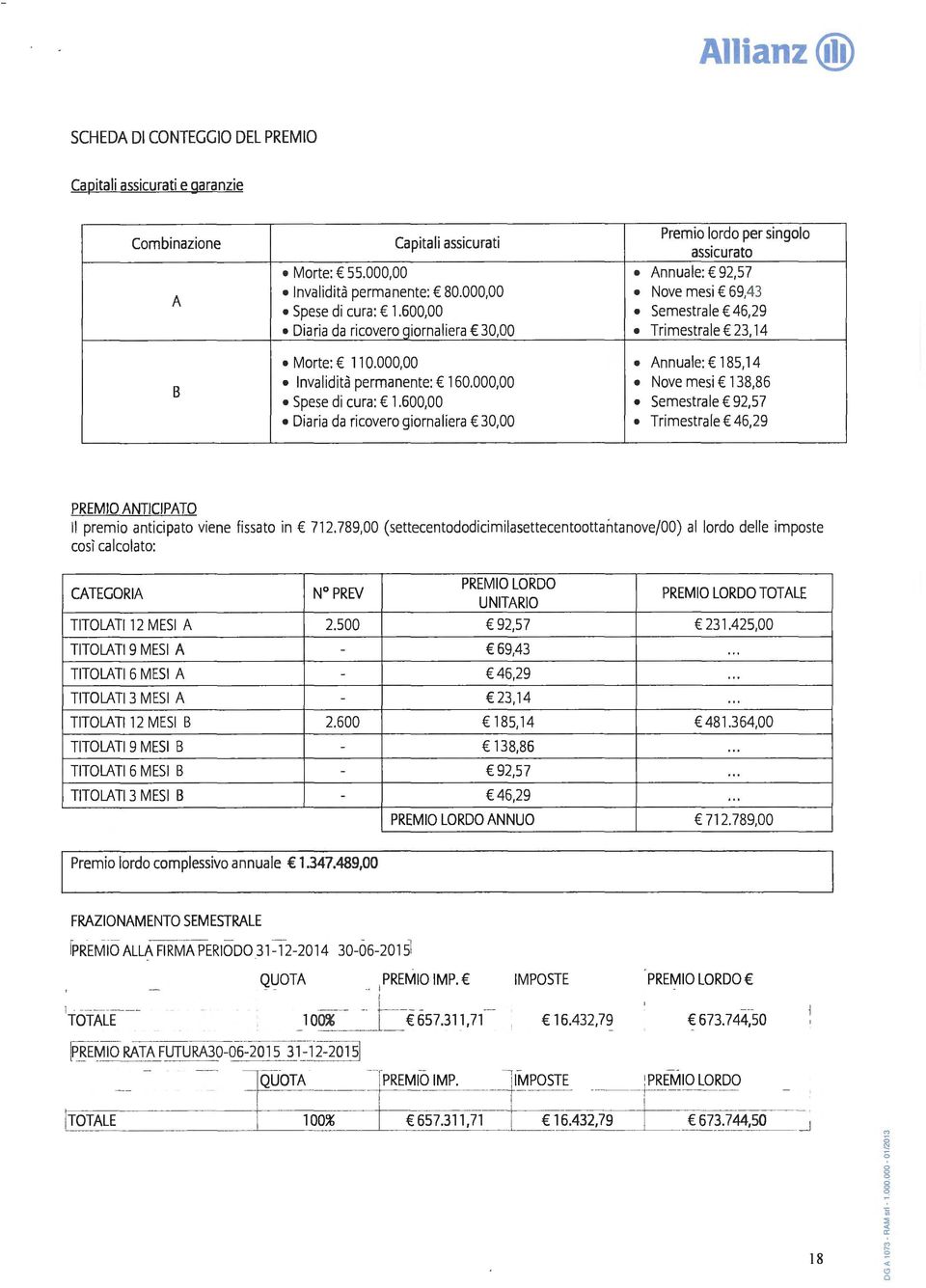 000,00 Nove mesi 138,86 Spese di cura : 1.600,00 Semestrale 92,57 Diaria da ricovero giornaliera 30,00 Trimestrale 46,29 PREMIO ANTICIPATO Il premio anticipato viene fissato in 712.