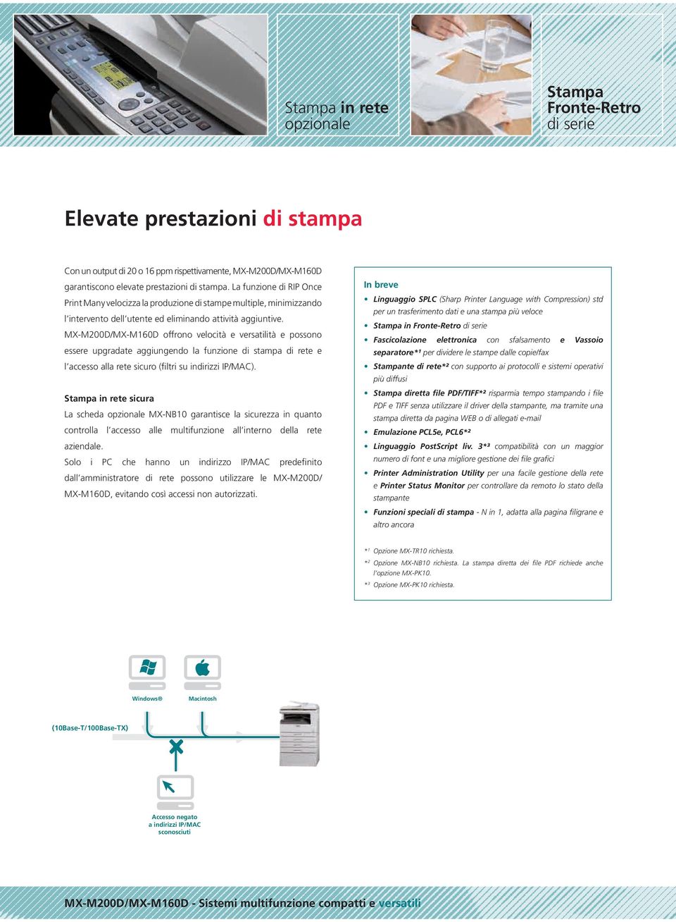 MX-M200D/MX-M60D offrono velocità e versatilità e possono essere upgradate aggiungendo la funzione di stampa di rete e l accesso alla rete sicuro (filtri su indirizzi IP/MAC).