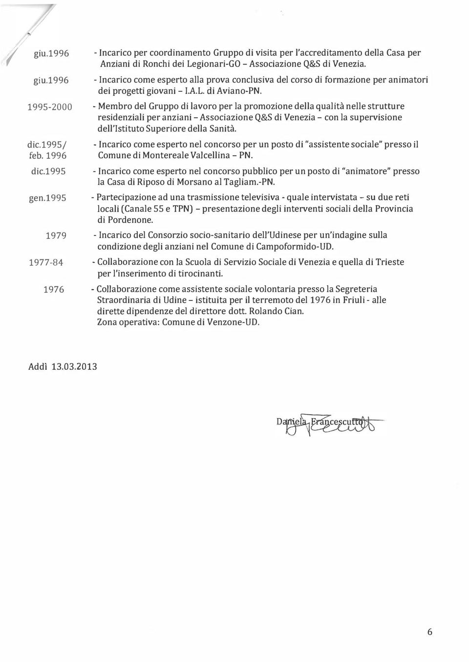 - Incarico come esperto alla prova conclusiva del corso di formazione per animatori dei progetti giovani - I.AL. di Aviano-PN.