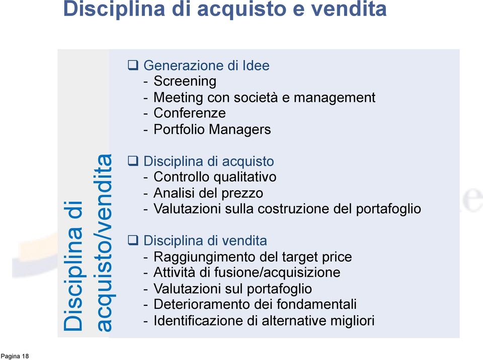 Valutazioni sulla costruzione del portafoglio # Disciplina di vendita - Raggiungimento del target price - Attività di