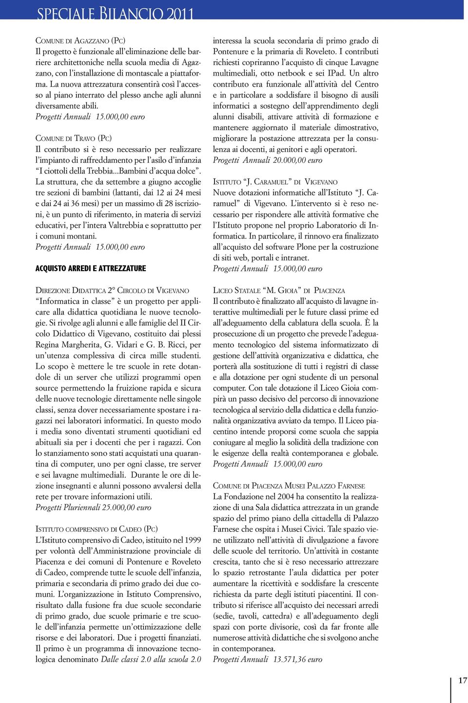 000,00 euro Comune di Travo (Pc) Il contributo si è reso necessario per realizzare l impianto di raffreddamento per l asilo d infanzia I ciottoli della Trebbia...Bambini d acqua dolce.