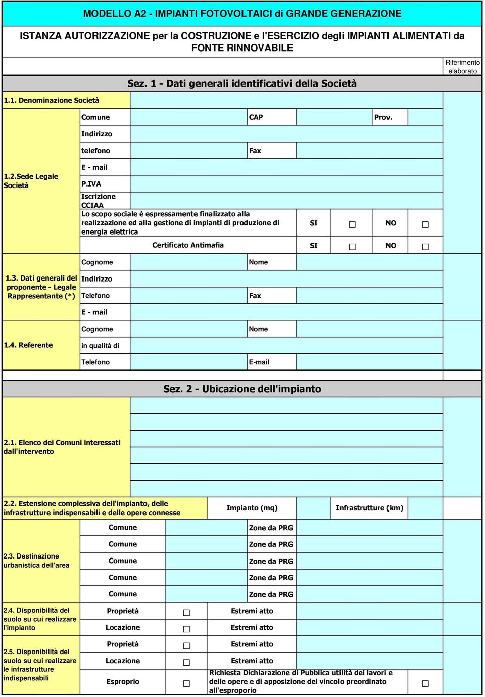 IVA Iscrizione CCIAA Lo scopo sociale è espressamente finalizzato alla realizzazione ed alla gestione di impianti di produzione di energia elettrica Certificato Antimafia 1.3.