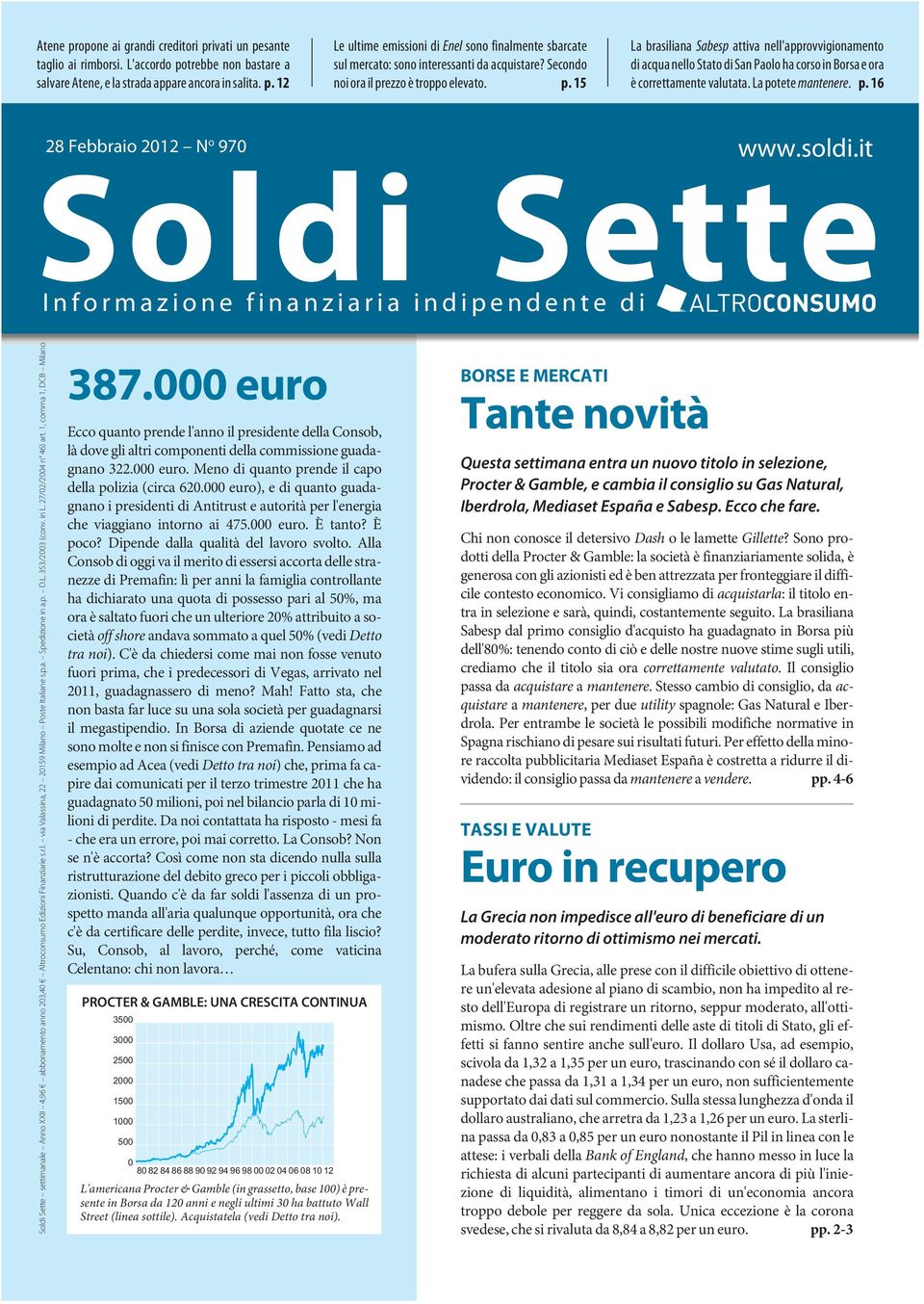 soldi.it 28 Febbraio 2012 N o 970 Soldi Sette Informazione finanziaria indipendente di Soldi Sette settimanale Anno XXII 4,96 abbonamento anno 203,40 Altroconsumo Edizioni Finanziarie s.r.l. via Valassina, 22 20159 Milano Poste Italiane s.