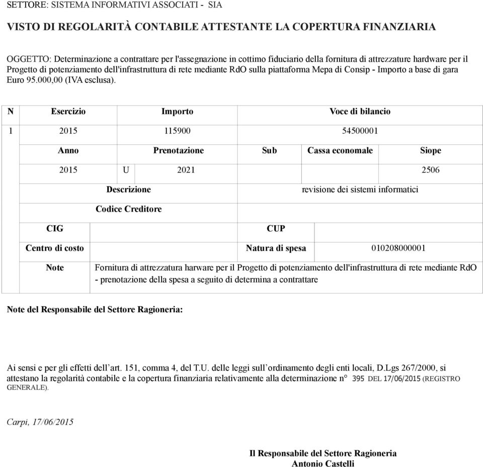 N Esercizi Imprt Vce di bilanci 1 2015 115900 54500001 Ann Prentazine Sub Cassa ecnmale Sipe 2015 U 2021 2506 Descrizine revisine dei sistemi infrmatici Cdice Creditre CIG CUP Centr di cst Natura di