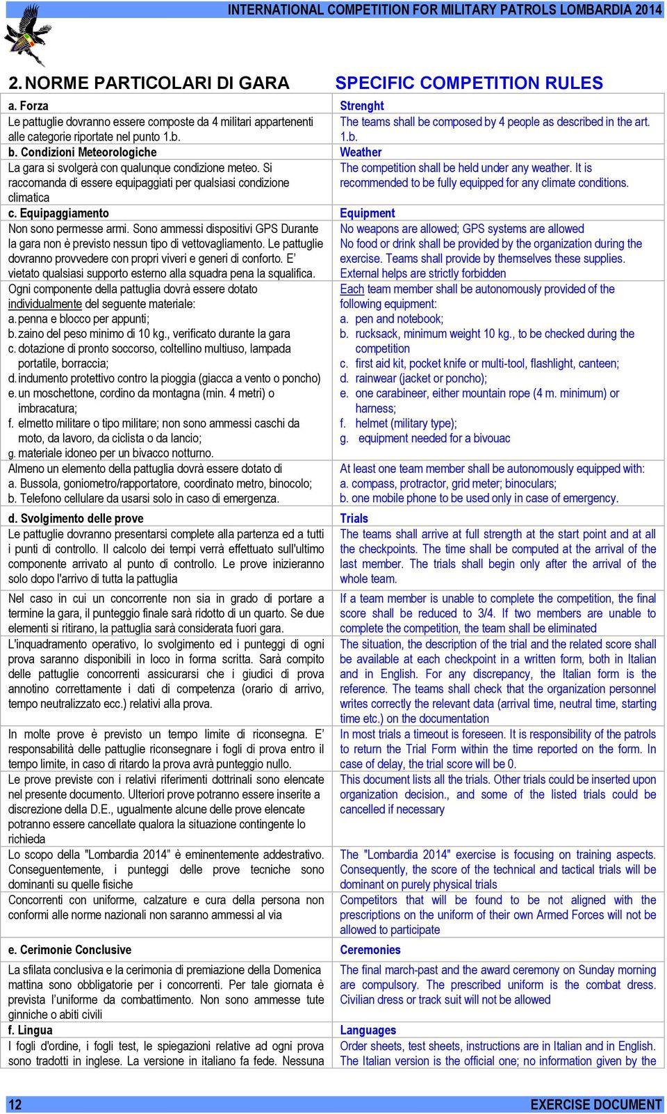 Si The competition shall be held under any weather. It is raccomanda di essere equipaggiati per qualsiasi condizione recommended to be fully equipped for any climate conditions. climatica c.