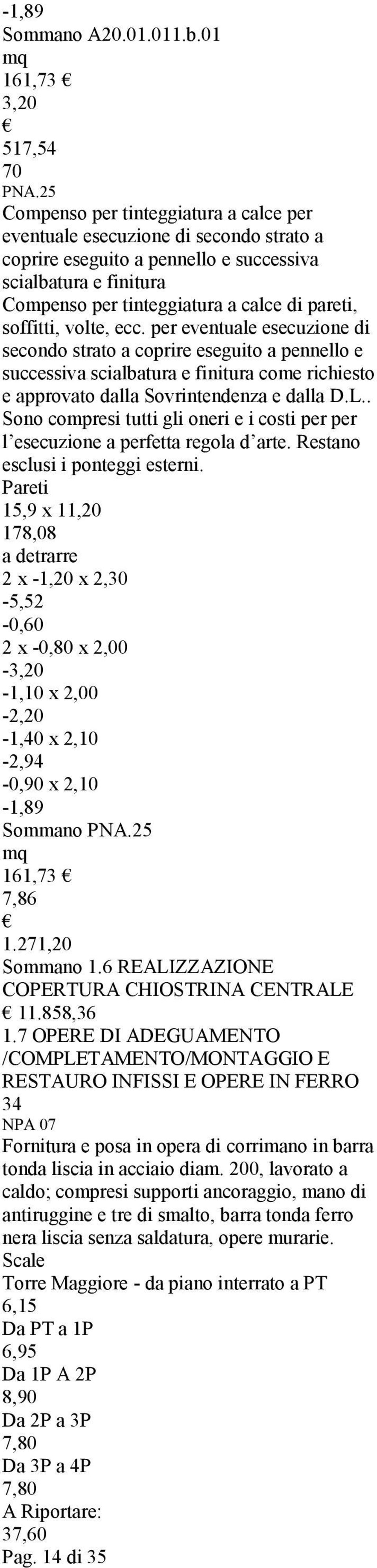 soffitti, volte, ecc. per eventuale esecuzione di secondo strato a coprire eseguito a pennello e successiva scialbatura e finitura come richiesto e approvato dalla Sovrintendenza e dalla D.L.