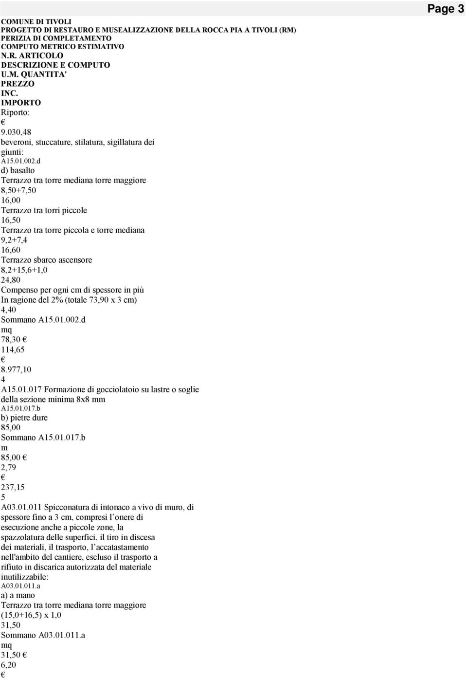 24,80 Compenso per ogni cm di spessore in più In ragione del 2% (totale 73,90 x 3 cm) 4,40 Sommano A15.01.002.d 78,30 114,65 8.977,10 4 A15.01.017 Formazione di gocciolatoio su lastre o soglie della sezione minima 8x8 mm A15.