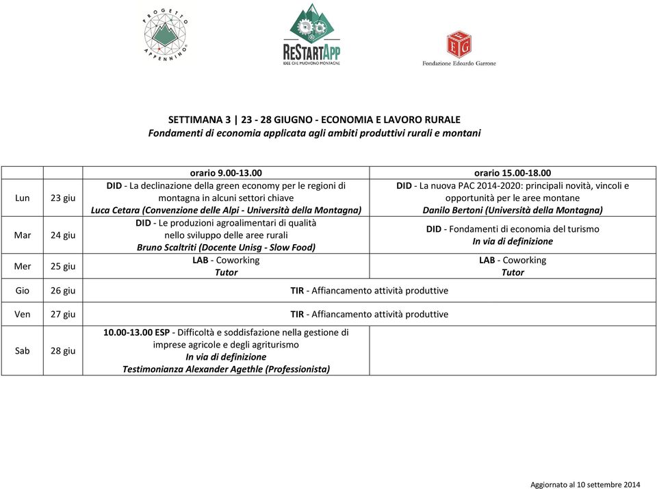 (Convenzione delle Alpi - Università della Montagna) Danilo Bertoni (Università della Montagna) DID - Le produzioni agroalimentari di qualità DID - Fondamenti di economia del turismo nello sviluppo