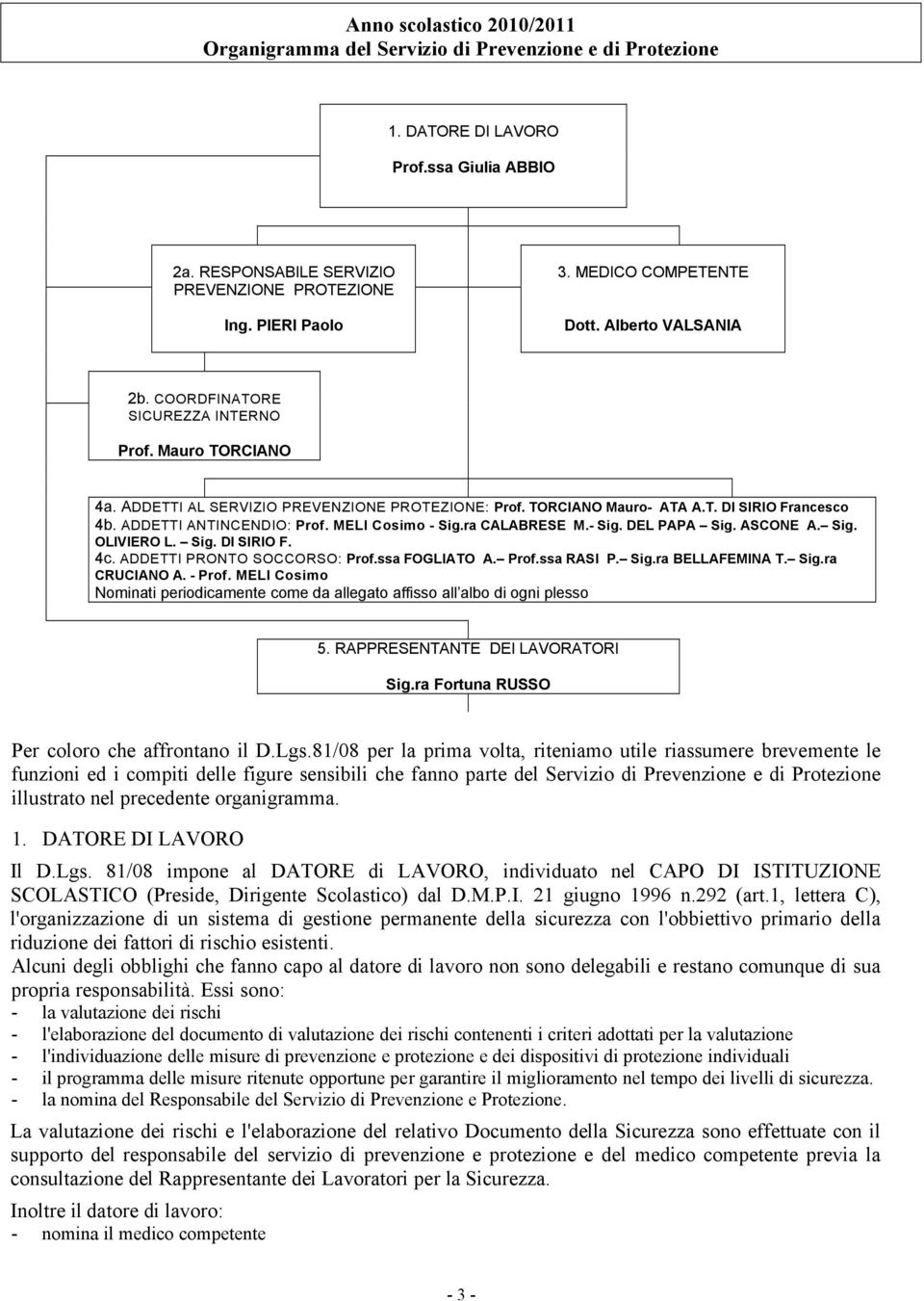 ADDETTI ANTINCENDIO: Prof. MELI Cosimo - Sig.ra CALABRESE M.- Sig. DEL PAPA Sig. ASCONE A. Sig. OLIVIERO L. Sig. DI SIRIO F. 4c. ADDETTI PRONTO SOCCORSO: Prof.ssa FOGLIATO A. Prof.ssa RASI P. Sig.ra BELLAFEMINA T.