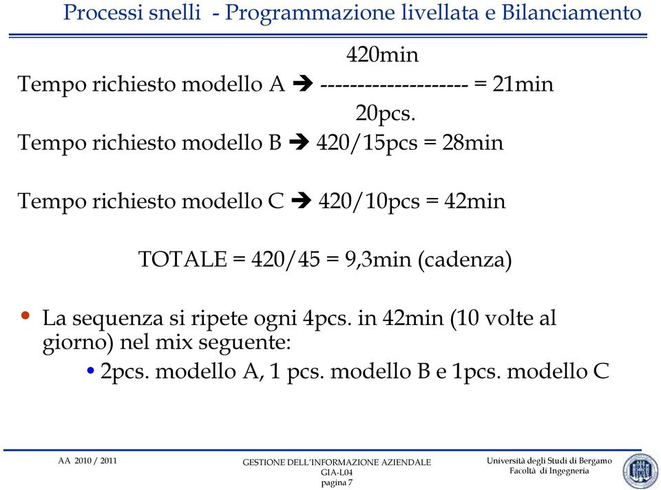 42min TOTALE = 420/45 = 9,3min (cadenza) La sequenza si ripete ogni 4pcs.