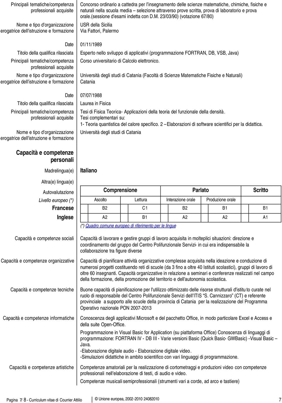 23/03/90) (votazione 67/80) USR della Sicilia Via Fattori, Palermo Date 01/11/1989 Esperto nello sviluppo di applicativi (programmazione FORTRAN, DB, VSB, Java) Corso universitario di Calcolo