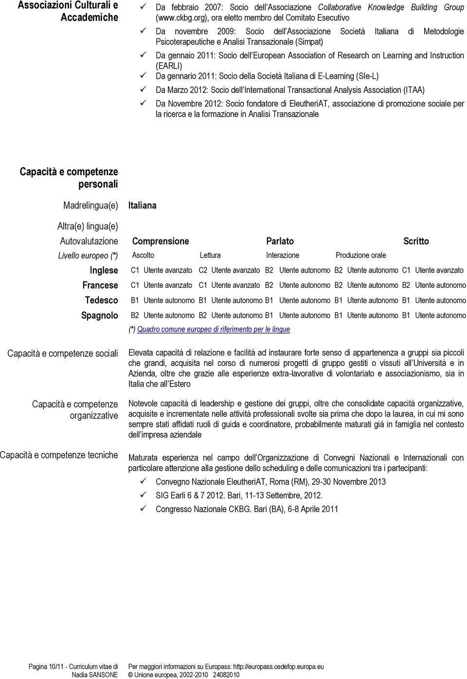 European Association of Research on Learning and Instruction (EARLI) Da gennario 2011: Socio della Società Italiana di E-Learning (SIe-L) Da Marzo 2012: Socio dell International Transactional