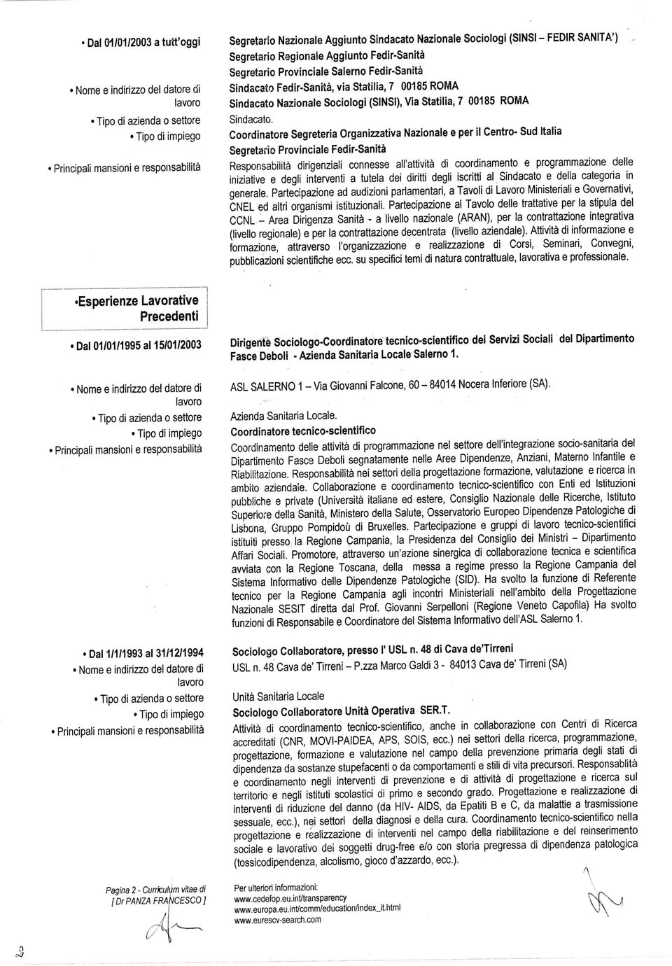 Coordinatore Segreteria Organizzativa Nazionale e per il Centro- Sud Italia Segretario Provinciale Fedir-Sanità Responsabilità dirigenziali connesse all'attività di coordinamento e programmazione