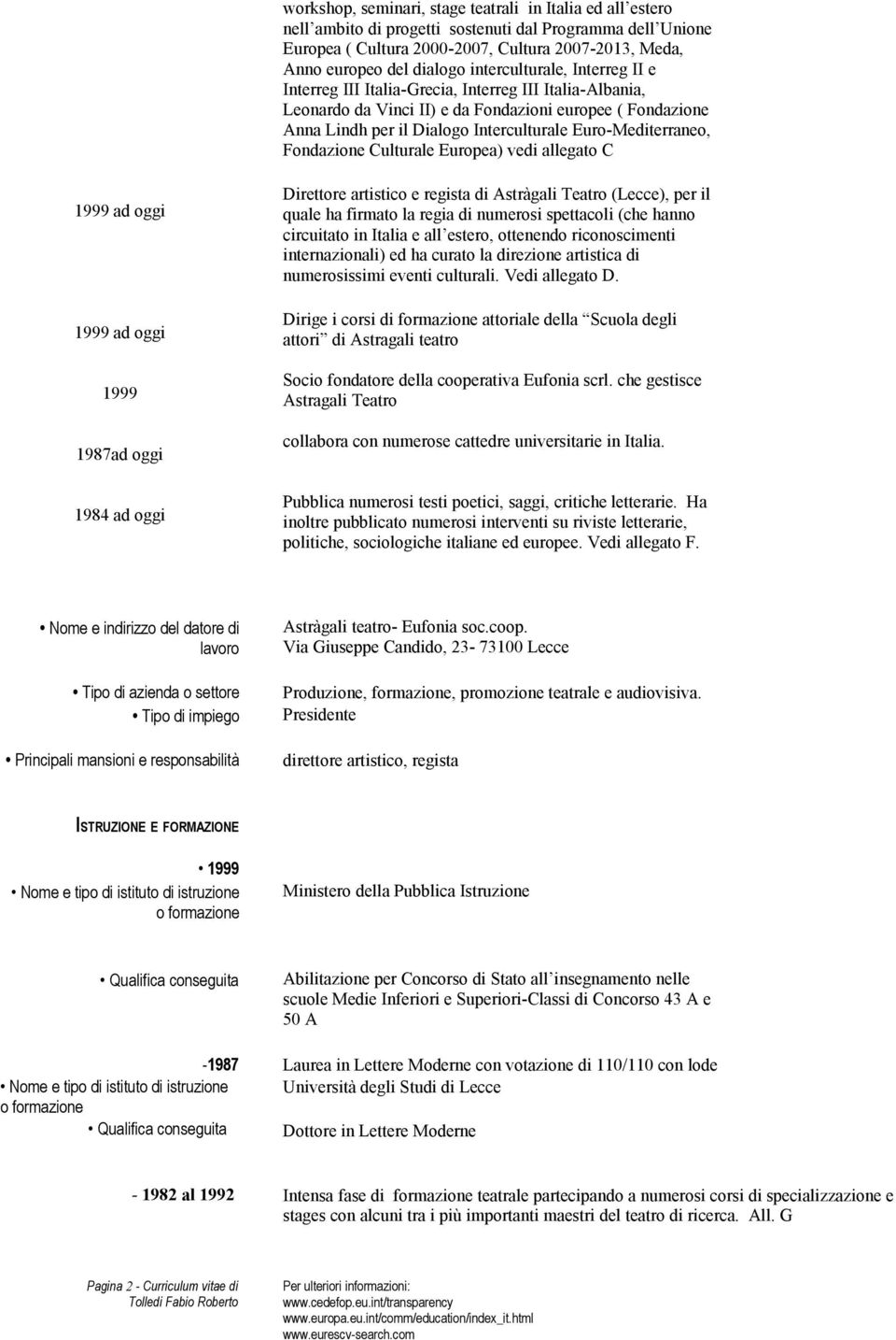 Euro-Mediterraneo, Fondazione Culturale Europea) vedi allegato C 1999 ad oggi 1999 ad oggi 1999 1987ad oggi 1984 ad oggi Direttore artistico e regista di Astràgali Teatro (Lecce), per il quale ha