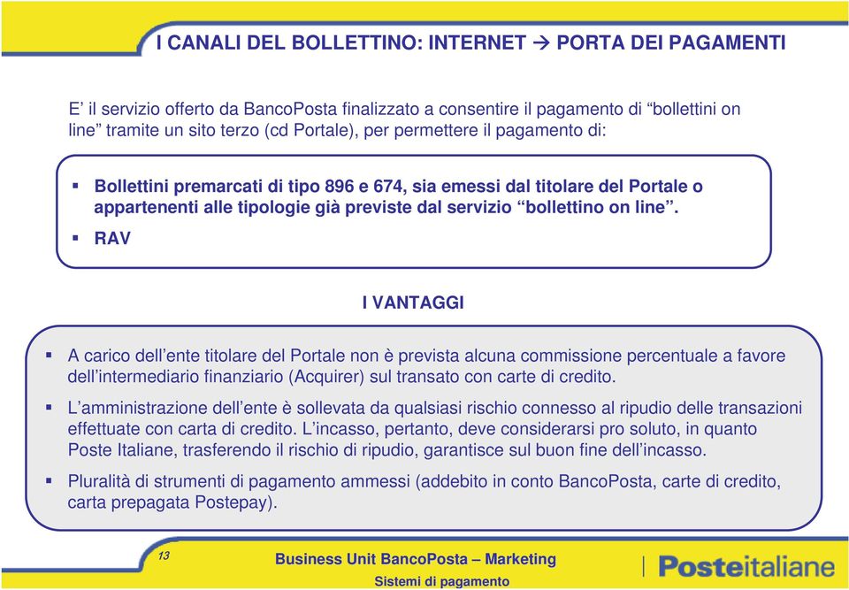 RAV I VANTAGGI A carico dell ente titolare del Portale non è prevista alcuna commissione percentuale a favore dell intermediario finanziario (Acquirer) sul transato con carte di credito.