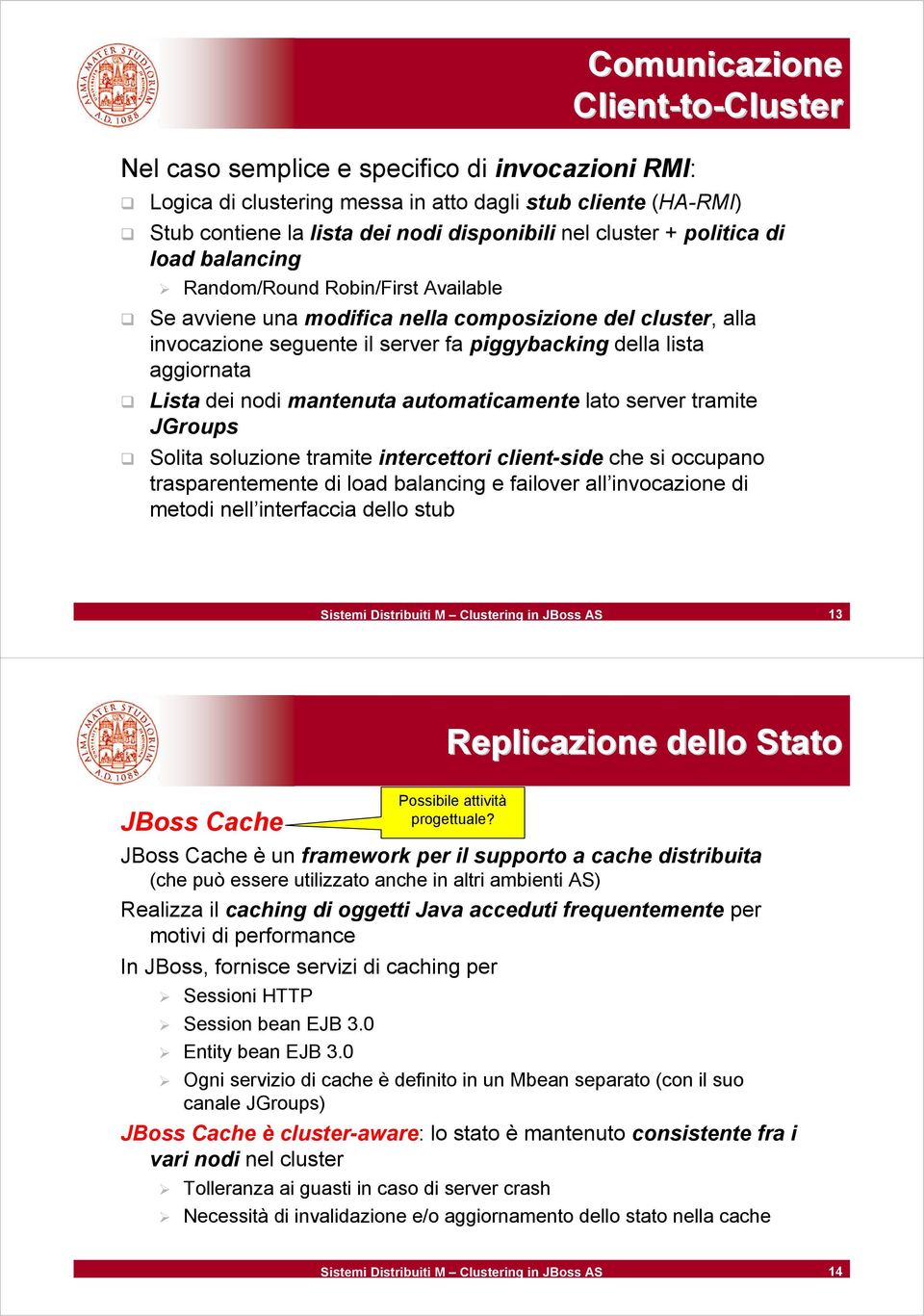 dei nodi mantenuta automaticamente lato server tramite JGroups Solita soluzione tramite intercettori client-side che si occupano trasparentemente di load balancing e failover all invocazione di