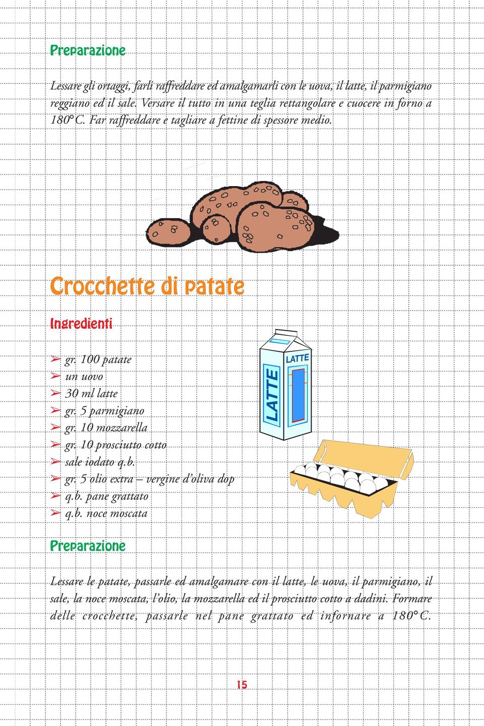 100 patate un uovo 30 ml latte gr. 5 parmigiano gr. 10 mozzarella gr. 10 prosciutto cotto sale iodato q.b.